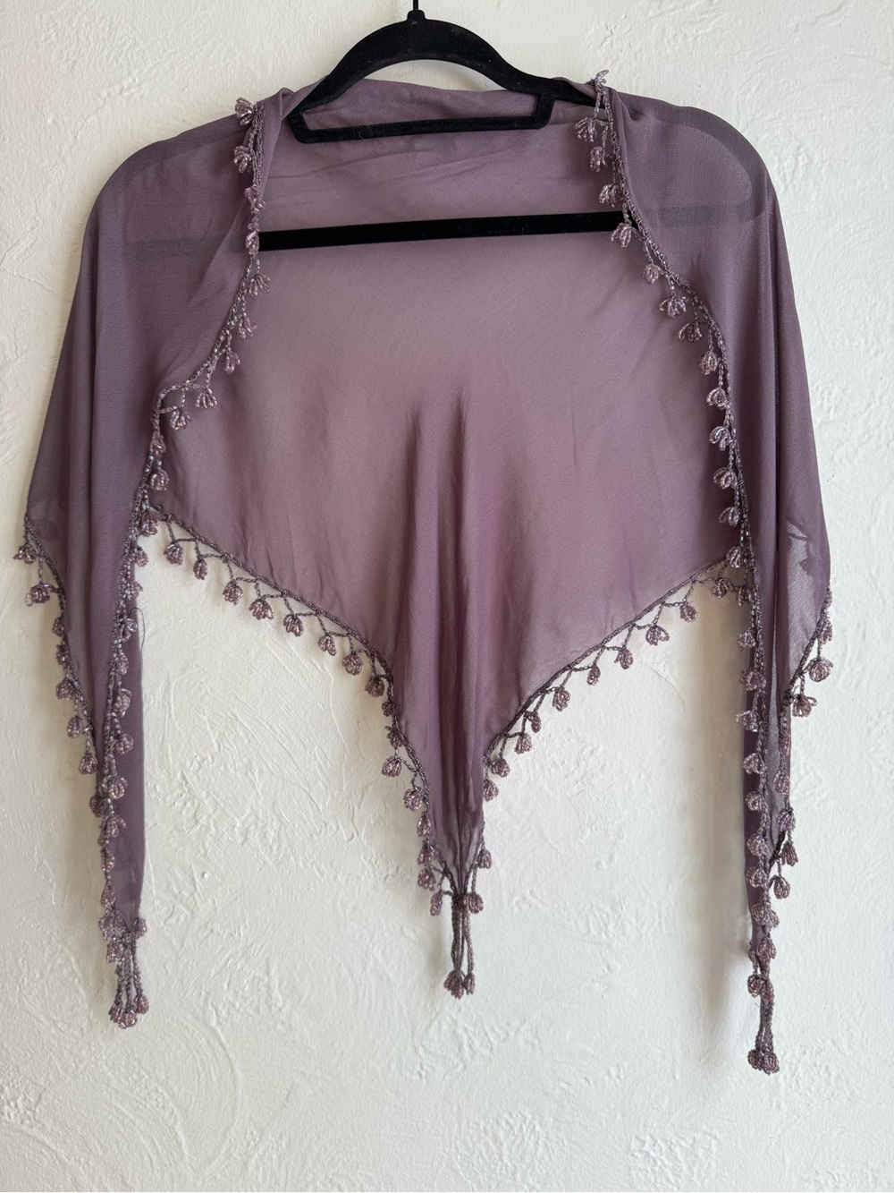 Sheer Chiffon Triangle Scarf Wrap with Beaded Crochet Fringe Mauve Purple Boho